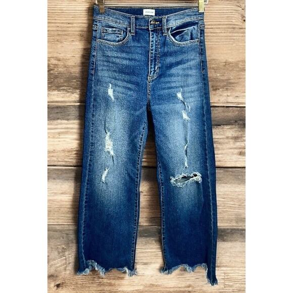 Sneak Peek Distressed Wide Leg Jeans Sz 7 28 Waist Frayed Hem High-Waist Stretch - Picture 1 of 8
